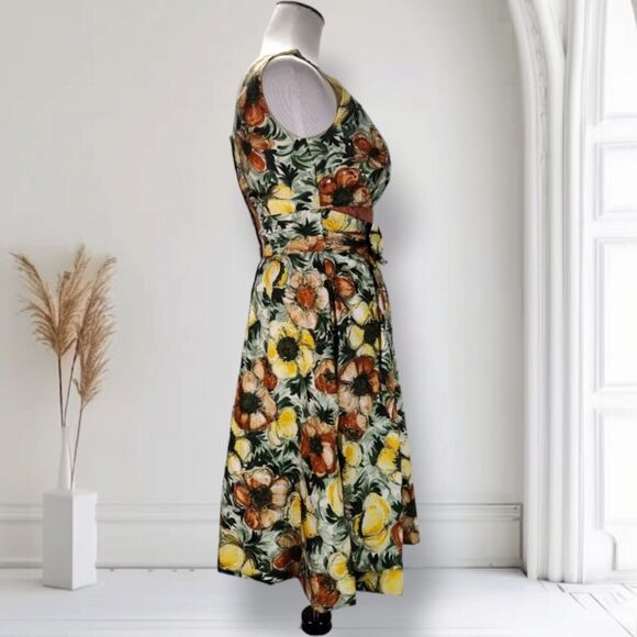 Vintage 50s Boat Neck Fit Flare Dress Size XS Yellow Brown Floral Print Sequin - Picture 3 of 16